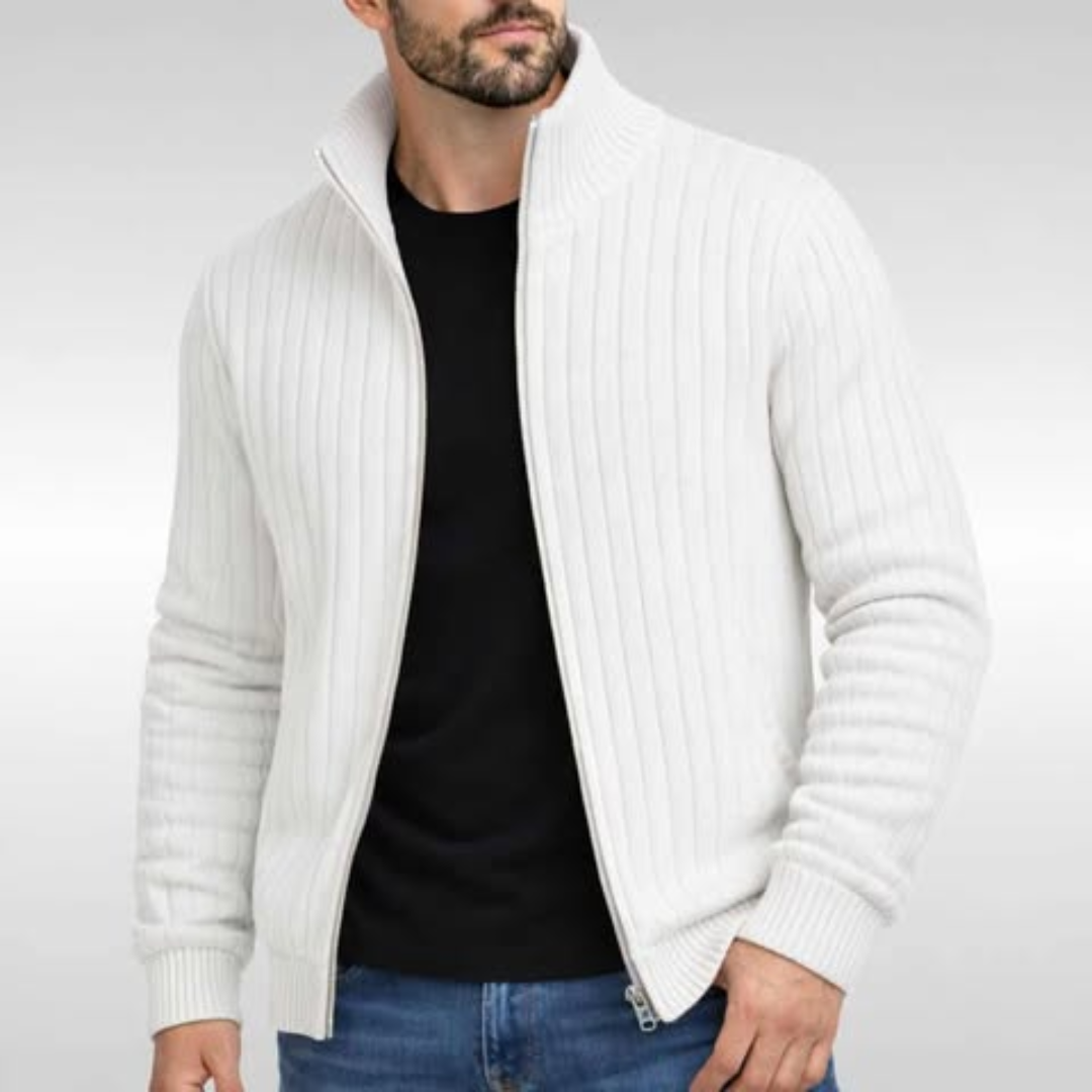 Toby | Men's Ribbed Full-Zip Stand-Collar Knit Cardigan - White