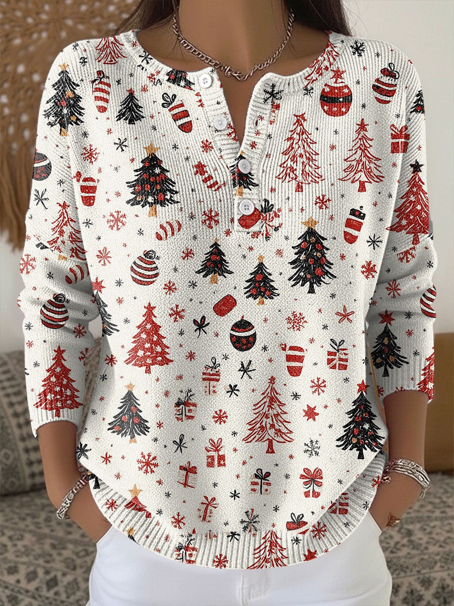 Toby | Women's Christmas Jumper for Women Festive Print Henley Button-Front Knit - White