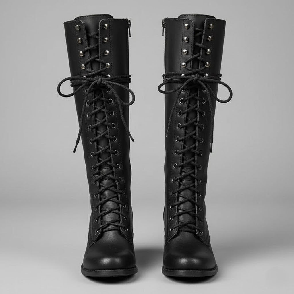 Willow | Women's Lace-Up Knee-High Block Heel Boots - Black