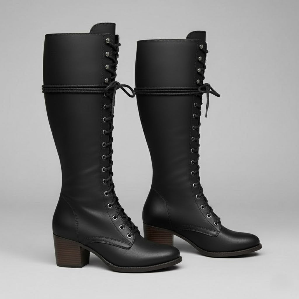 Willow | Women's Lace-Up Knee-High Block Heel Boots - Black