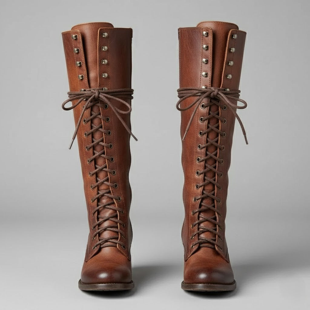 Willow | Women's Lace-Up Knee-High Block Heel Boots - Brown