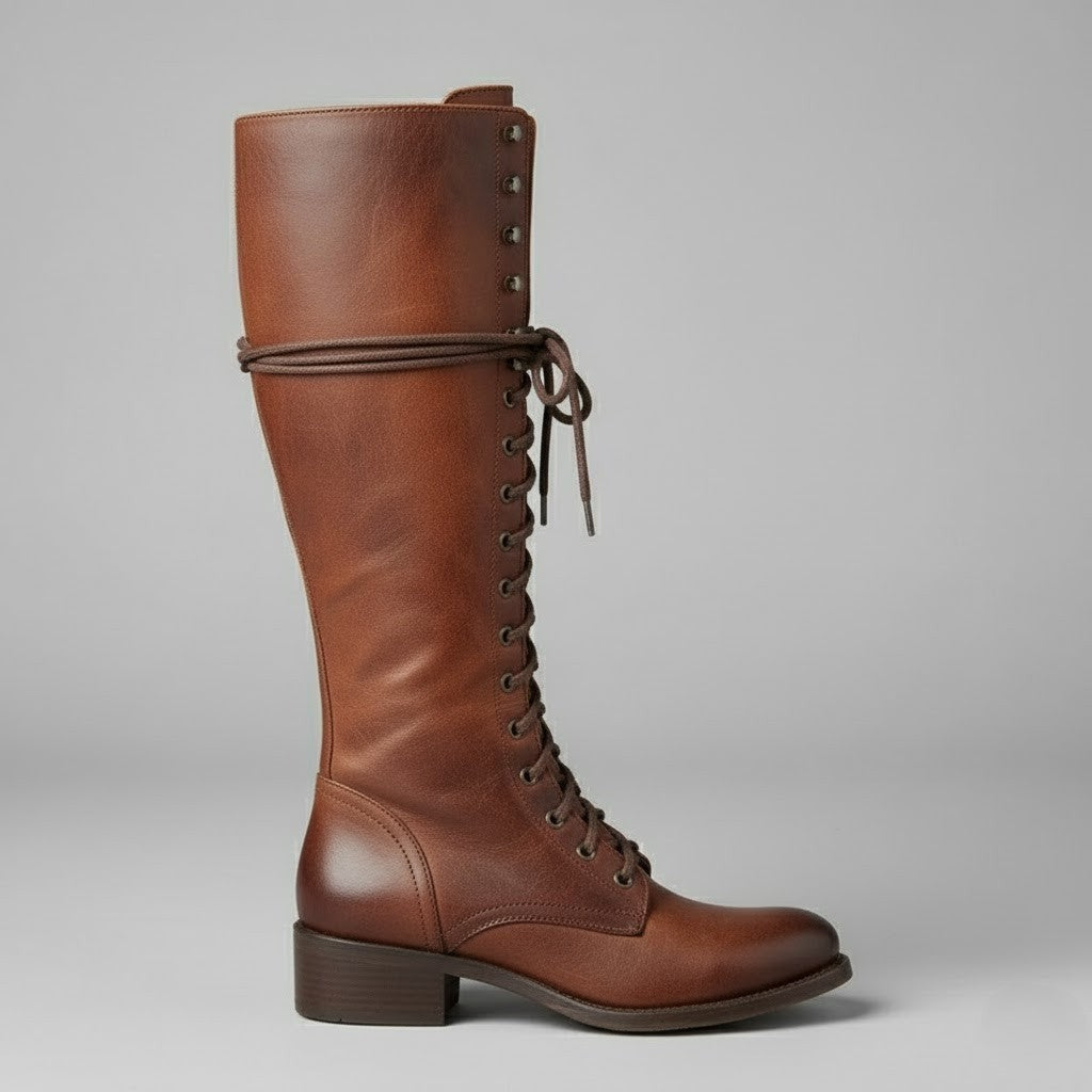 Willow | Women's Lace-Up Knee-High Block Heel Boots - Brown