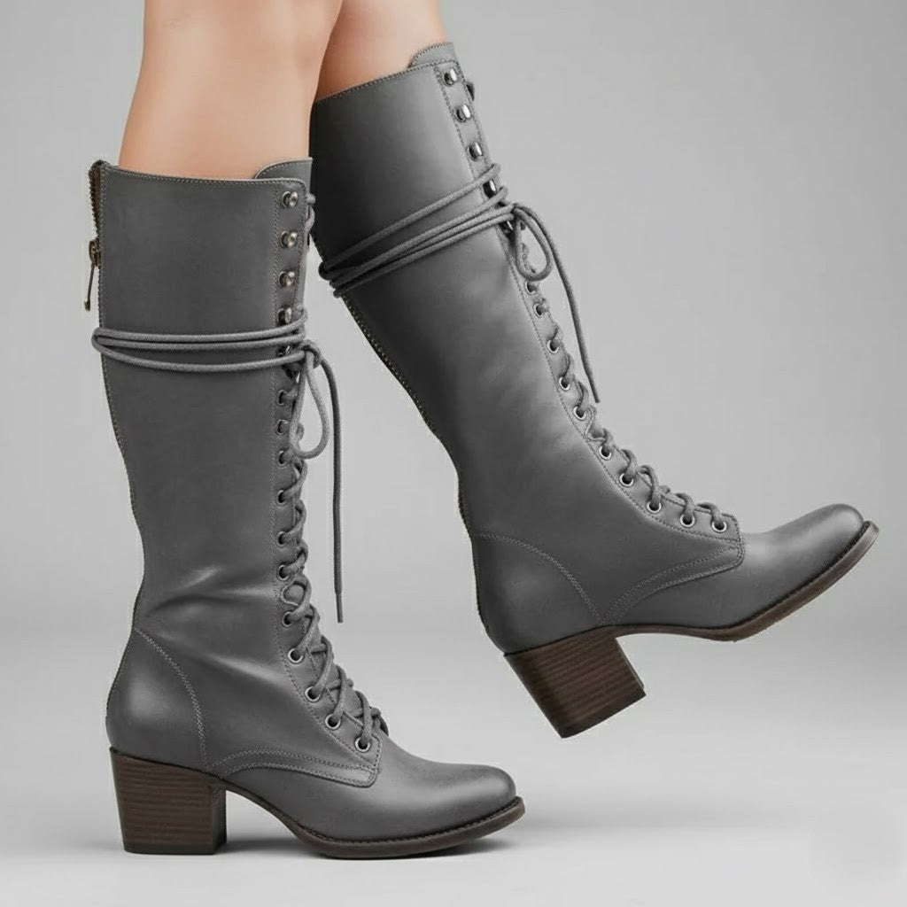 Willow | Women's Lace-Up Knee-High Block Heel Boots - Grey