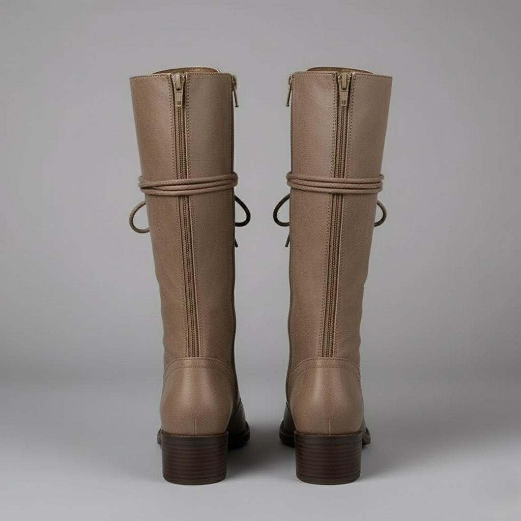 Willow | Women's Lace-Up Knee-High Block Heel Boots - Khaki