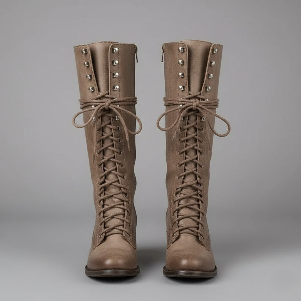 Willow | Women's Lace-Up Knee-High Block Heel Boots - Khaki