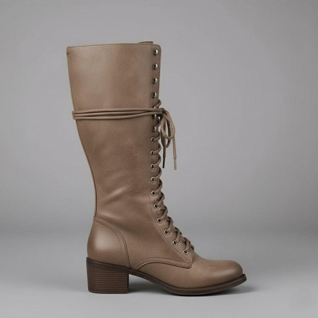 Willow | Women's Lace-Up Knee-High Block Heel Boots - Khaki