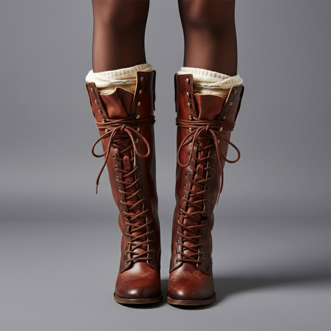 Willow | Women's Lace-Up Knee-High Block Heel Boots - Red Brown