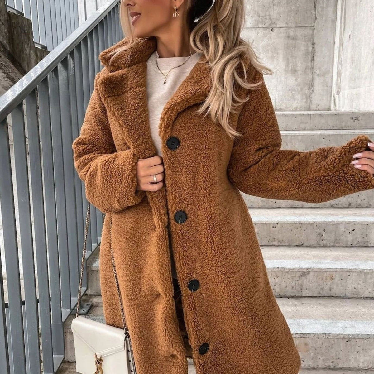 Willow | Women's Oversized Teddy Fleece Button-Front Long Coat - Brown