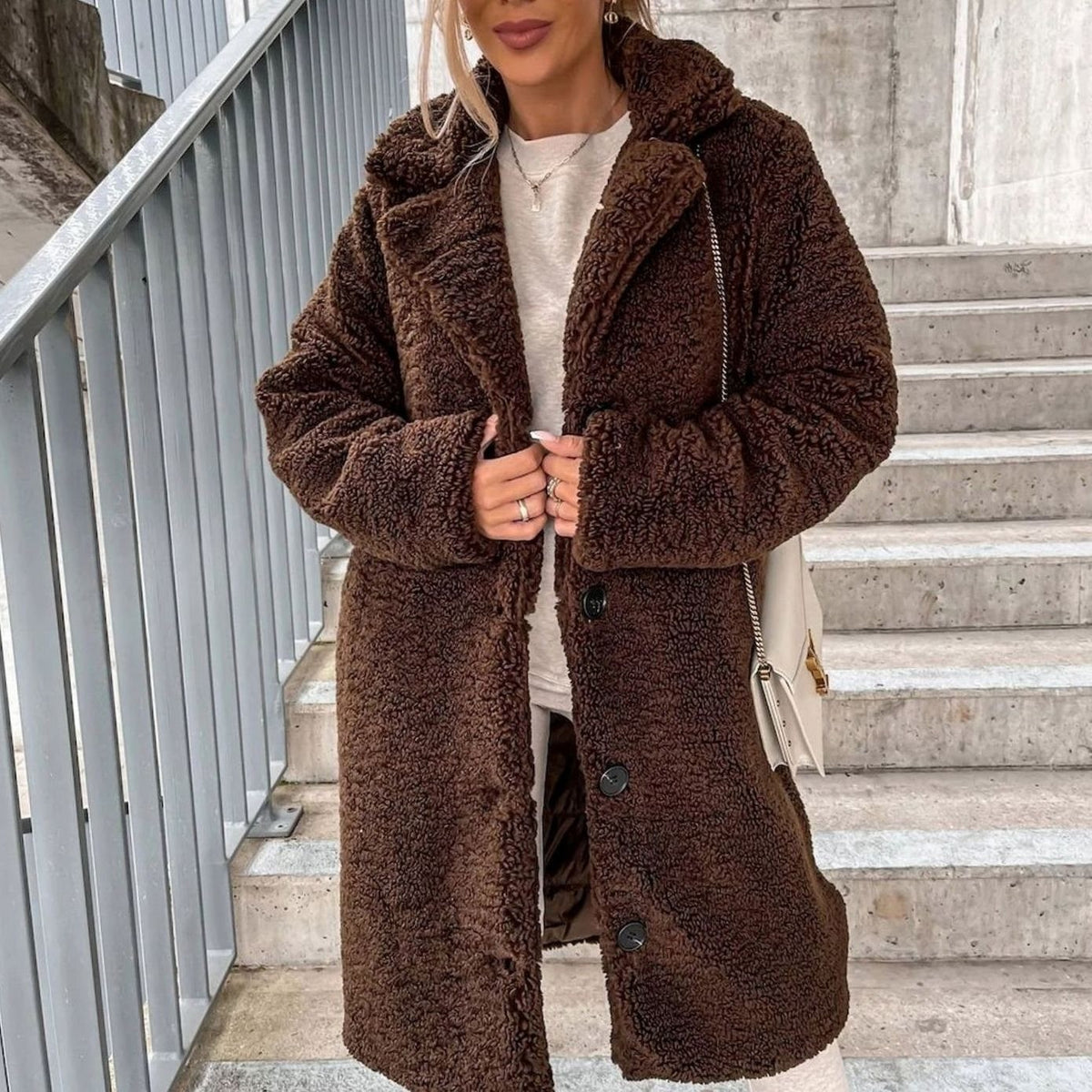Willow | Women's Oversized Teddy Fleece Button-Front Long Coat - Dark Brown