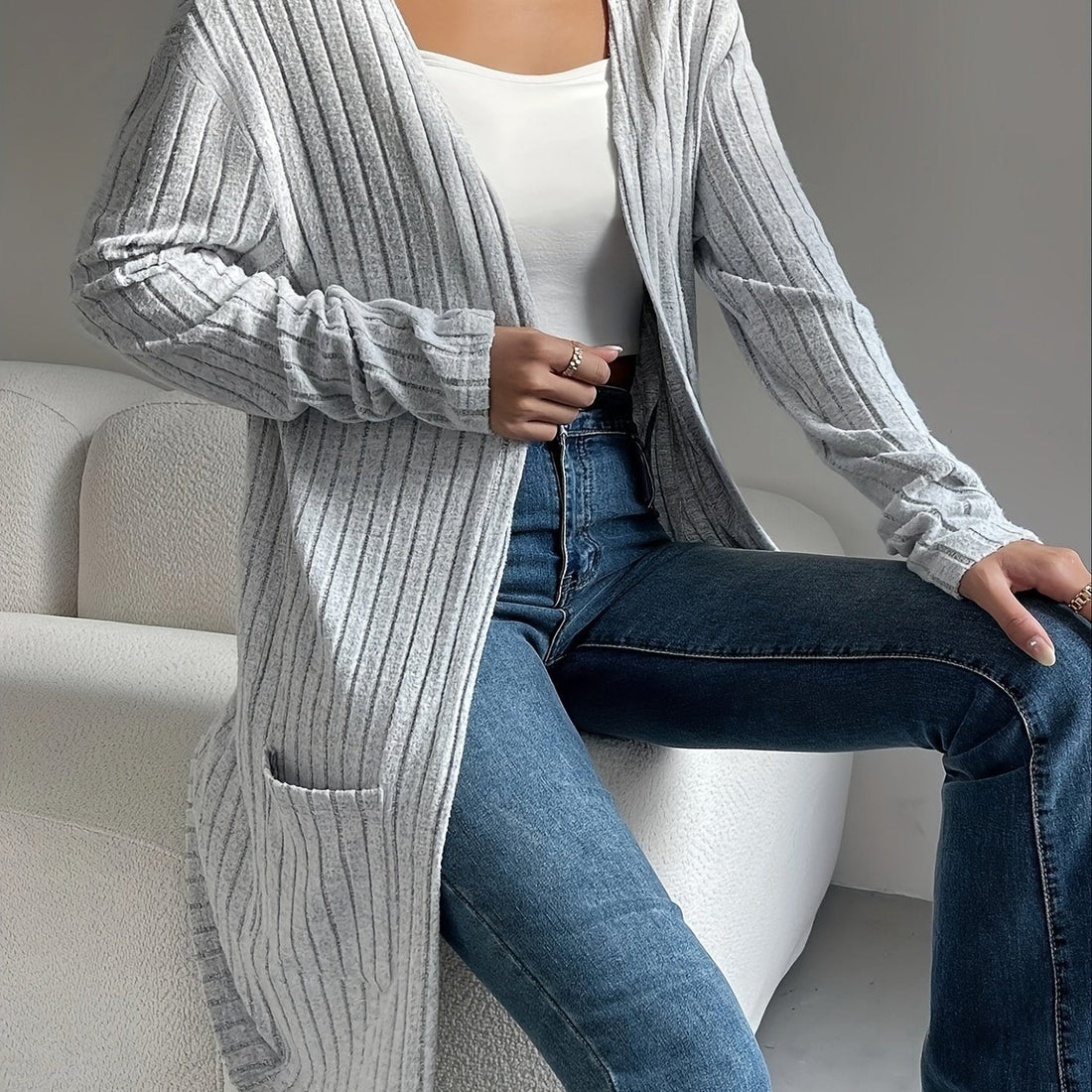 Willow | Women's Ribbed Open-Front Draped Long Cardigan - Silvery Grey