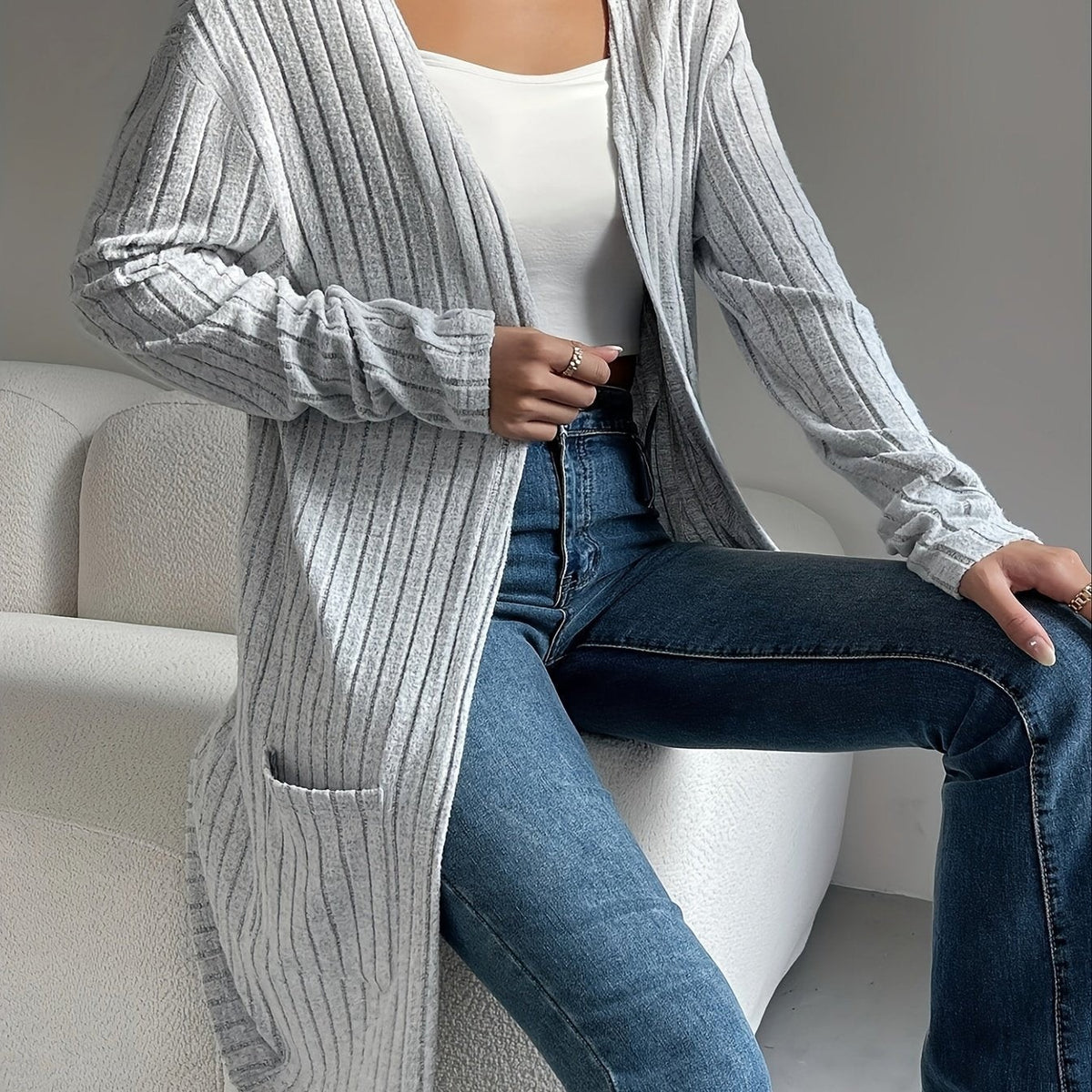 Willow | Women's Ribbed Open-Front Draped Long Cardigan - Silvery Grey