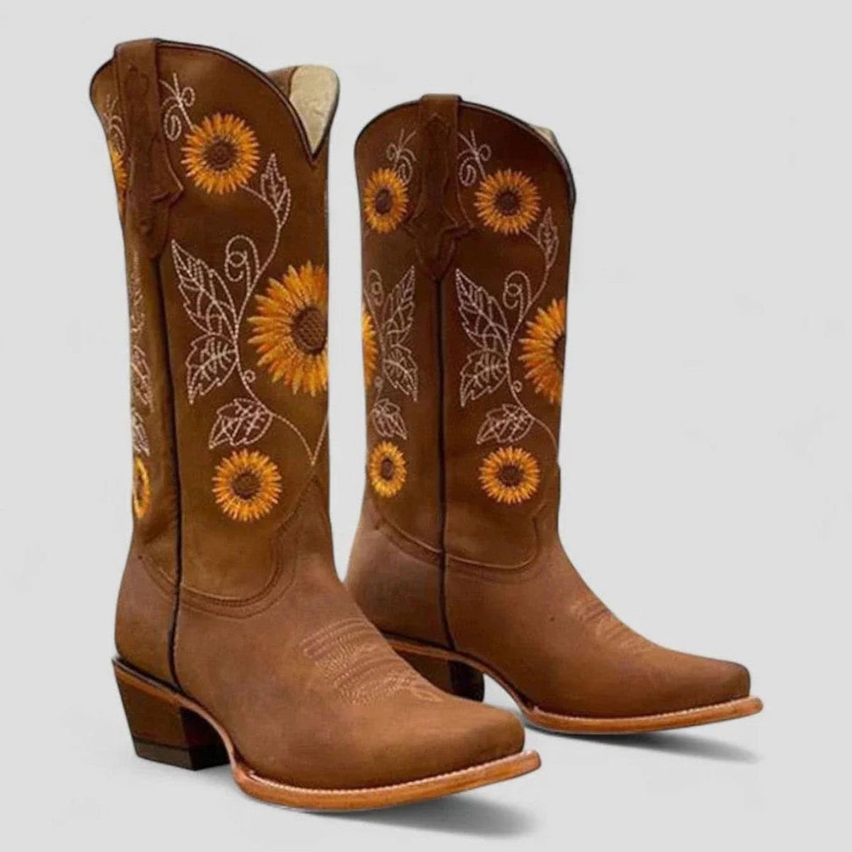 Willow | Women's Tall Sunflower Embroidered Square-Toe Western Boots - Brown