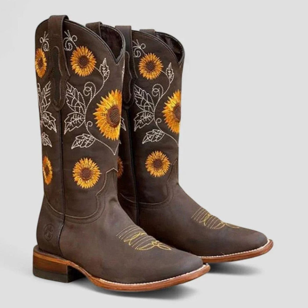 Willow | Women's Tall Sunflower Embroidered Square-Toe Western Boots - Dark Brown