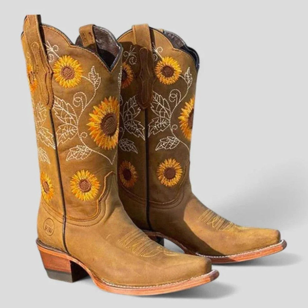 Willow | Women's Tall Sunflower Embroidered Square-Toe Western Boots - Khaki